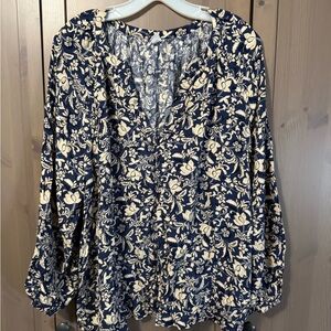 Old Navy Navy and Cream Floral Split-Neck Blouse